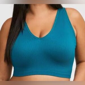 #1329 - TORRID Seamless Rib Deep V Crop Top Cross Back Lounge Bra Dark Turquoise
